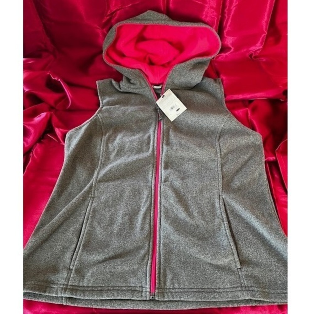 G.H. Bass & Co. Fleece Vest Women L Grey Pink Hooded Full Zip Outdoor Layering